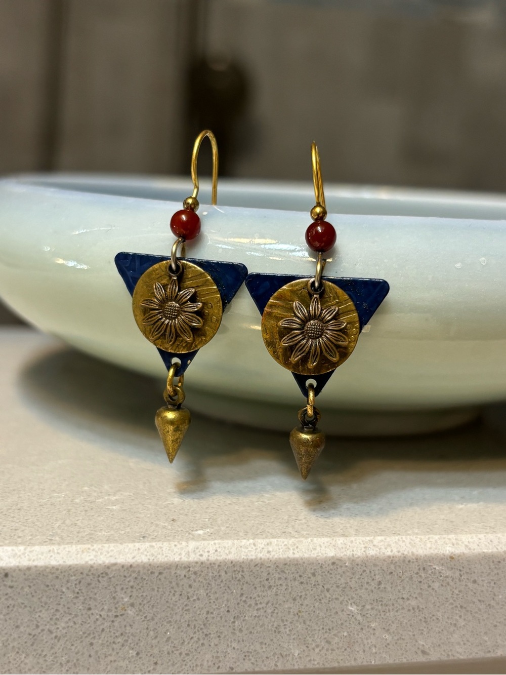 Silver Forest Blue and Gold Floral Triangle Earrings with Red Accent